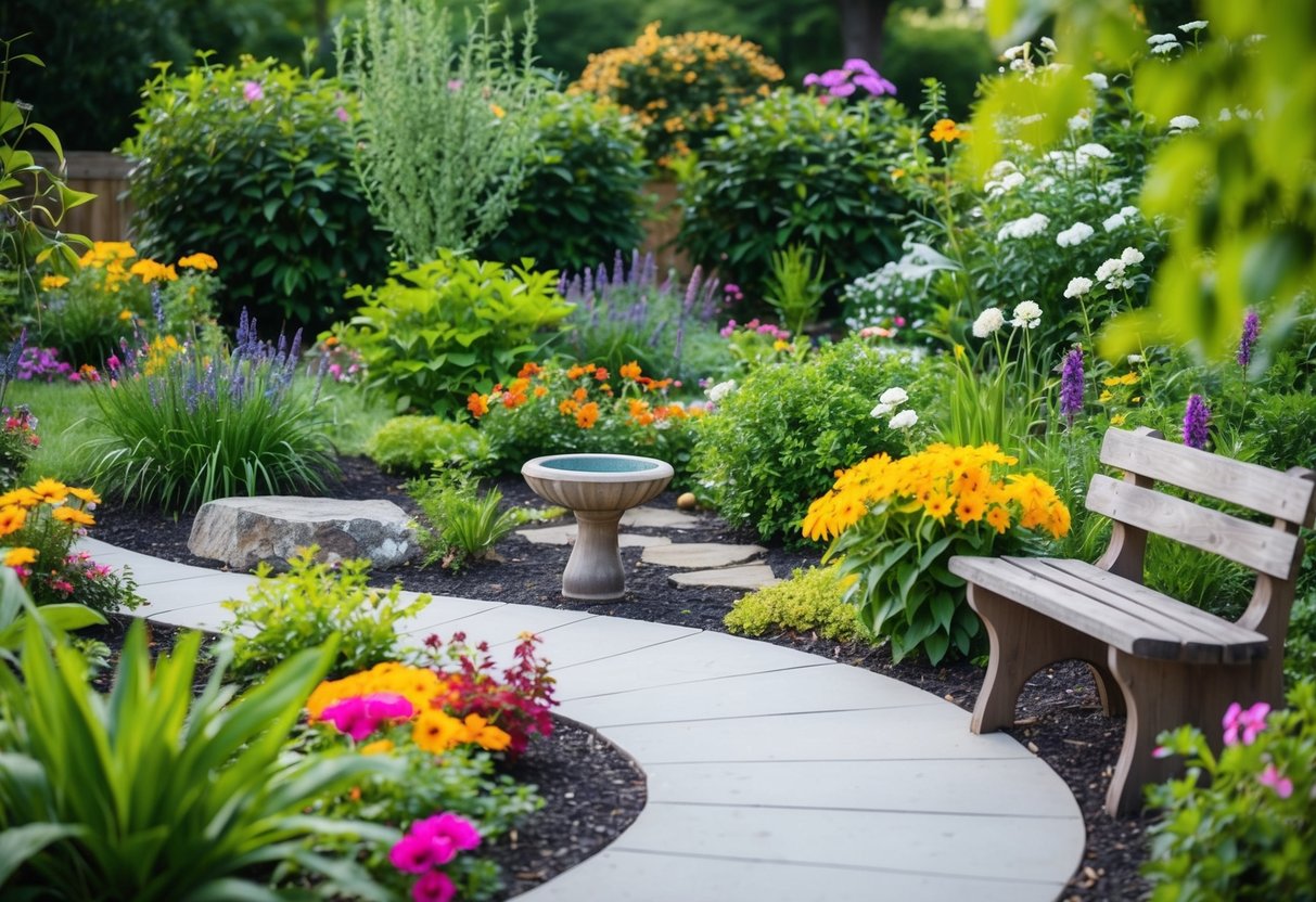 A colorful garden with a mix of flowers and greenery, a small rock garden, a winding pathway, a bird bath, and a wooden bench