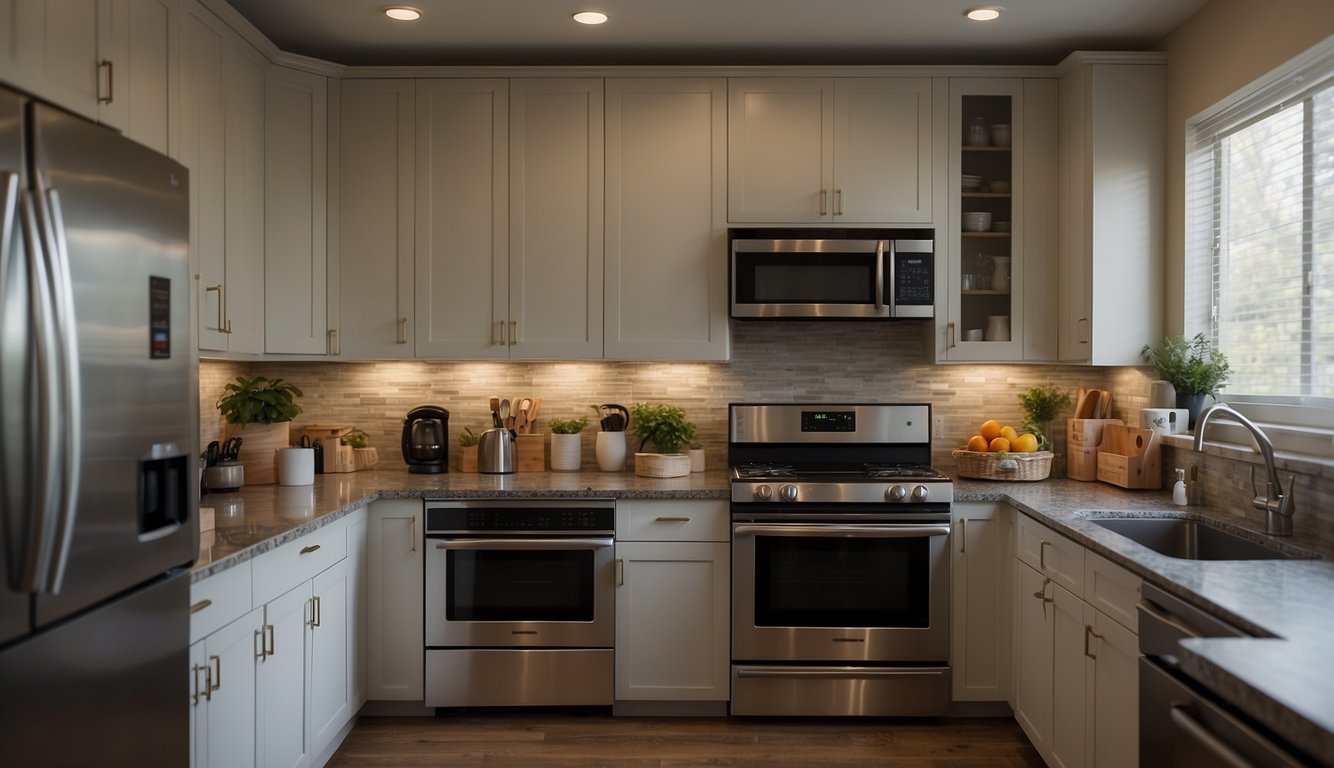 A kitchen with various household appliances in use, such as a refrigerator, stove, and dishwasher. Clear safety labels and proper usage are highlighted