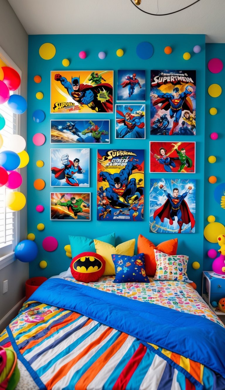 A superhero-themed wall art featuring various characters and action scenes, surrounded by colorful and playful elements, adorning a vibrant and energetic kids' bedroom