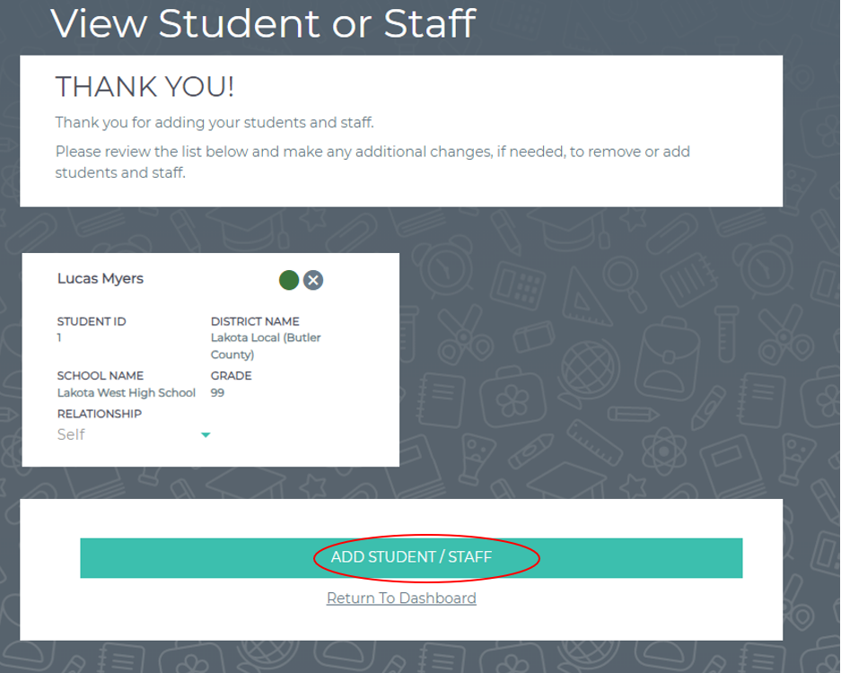 screen shot with Add Student/Staff circled in red