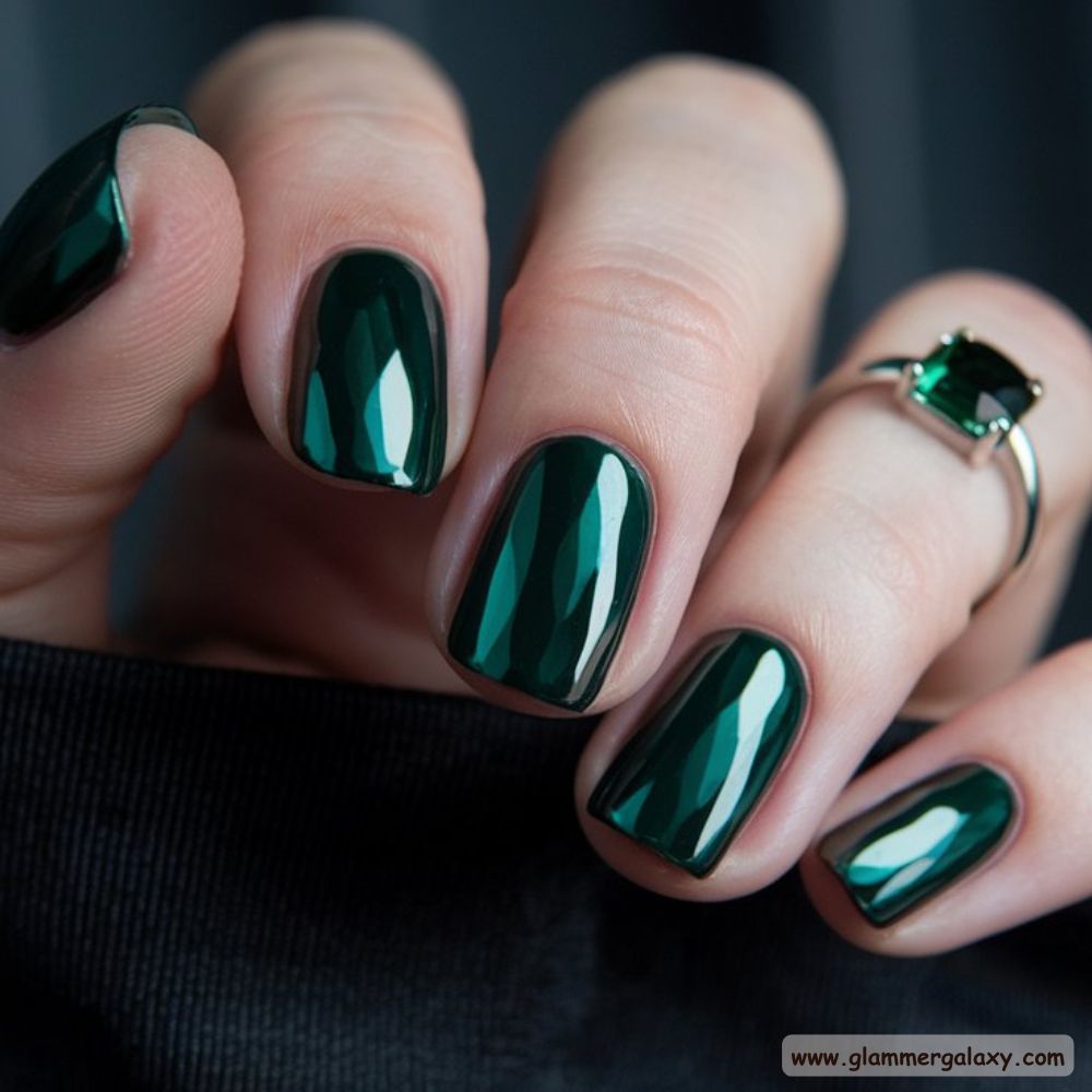 Winter and Fall Dark Green Nails having Futuristic Shine
