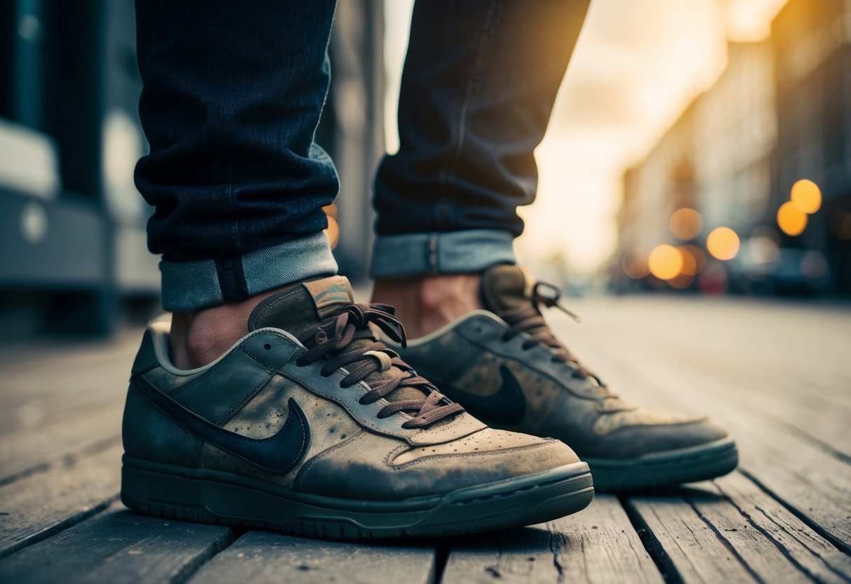 A pair of worn shoes with visible sweat stains and a pungent odor emanating from within