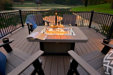 top deck designs for enjoying northern michigan lakeside decking area with outdoor furniture and fire pit custom built boyne city