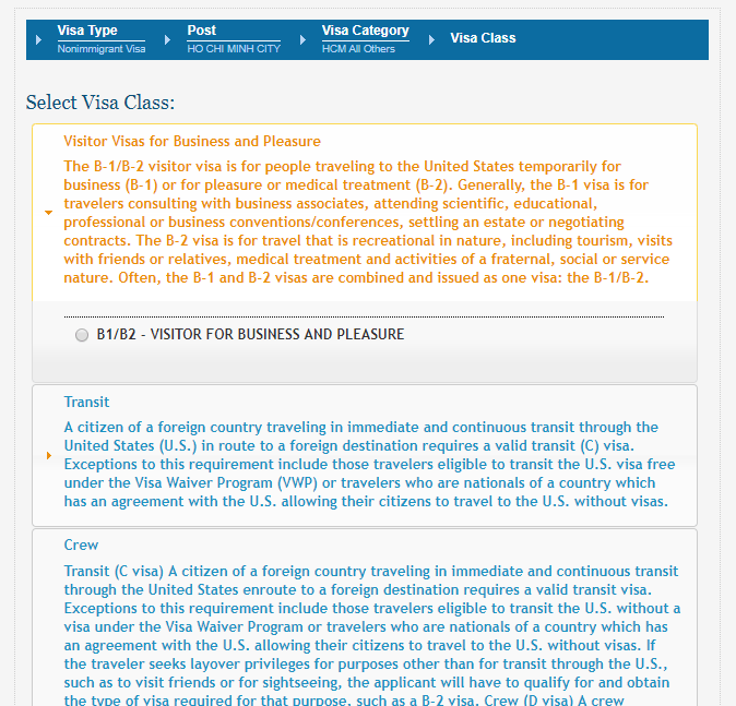 Chọn loại visa Mỹ bạn muốn xin - Hướng dẫn đặt lịch hẹn xin visa Mỹ