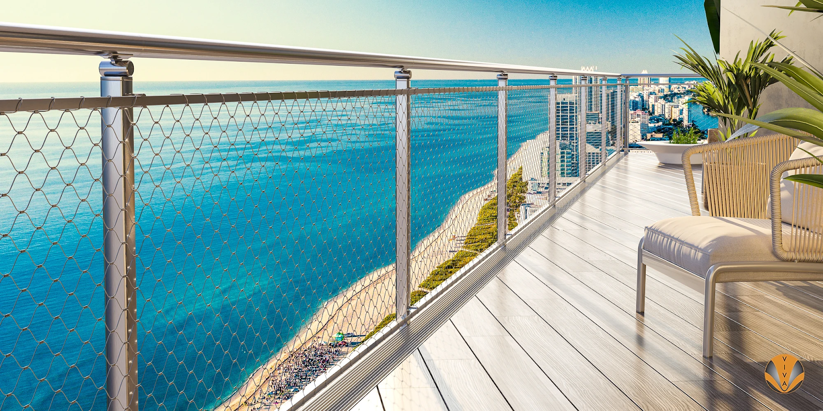 A metal cable net railing on the balcony of a beach house. 