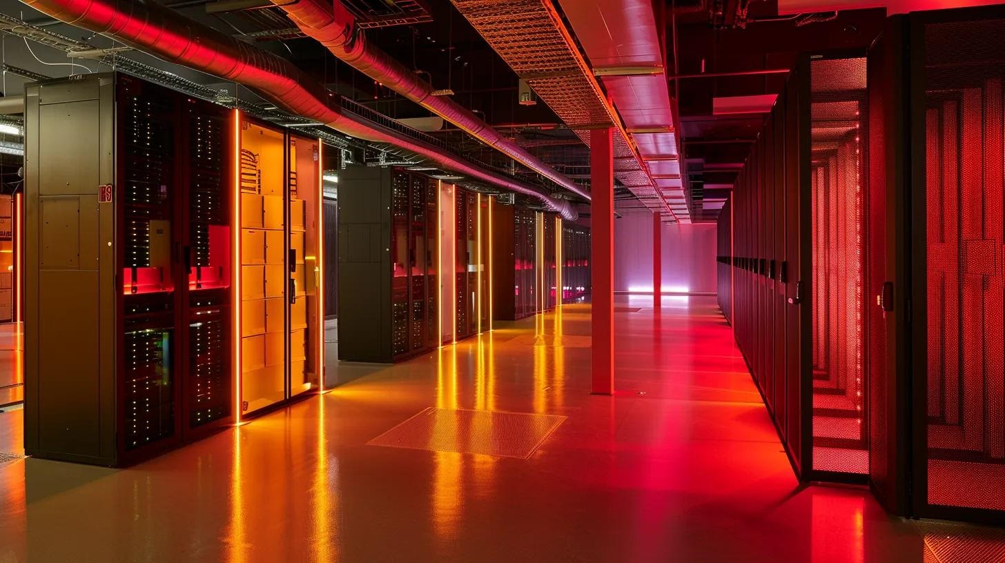 a sleek, modern server room filled with high-performance rack-mounted servers, glowing with led indicators, emphasizing the efficiency and capability of upgraded dedicated and cloud-based infrastructure for rapid data processing.