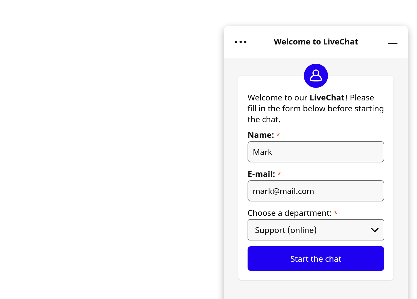 LiveChat Pre-chat form.