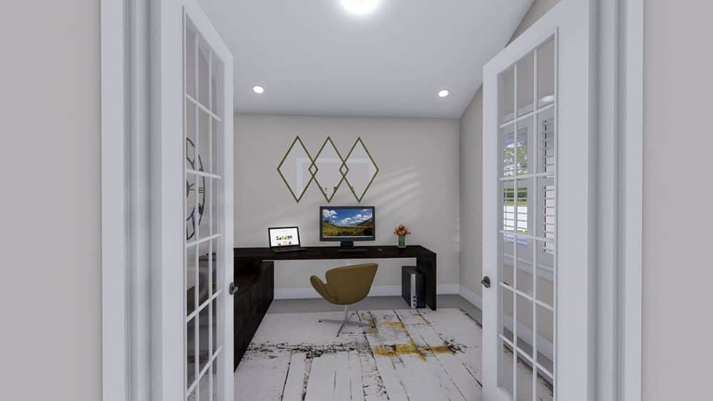 A white french door leads into the dark wood study paired with a swivel chair.