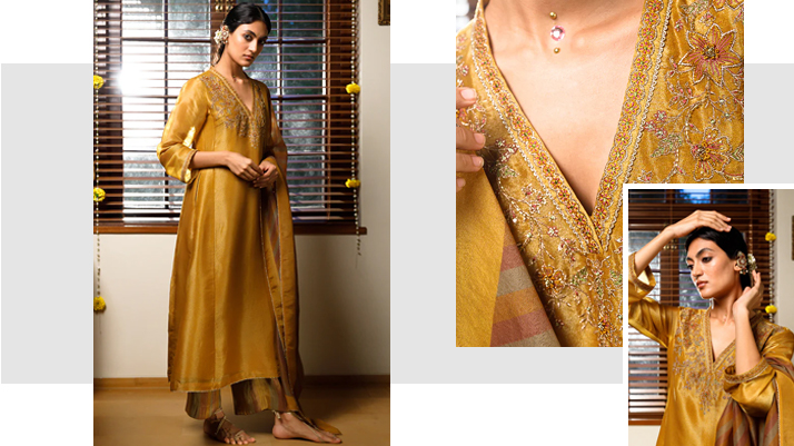 Mustard Tissue Silk Festive Kurta Set