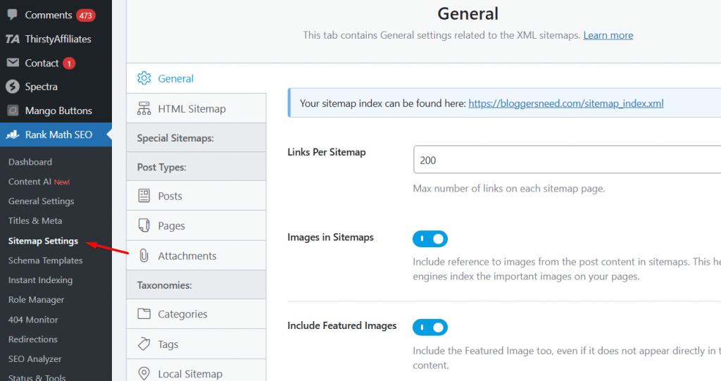 Rankmath sitemap settings