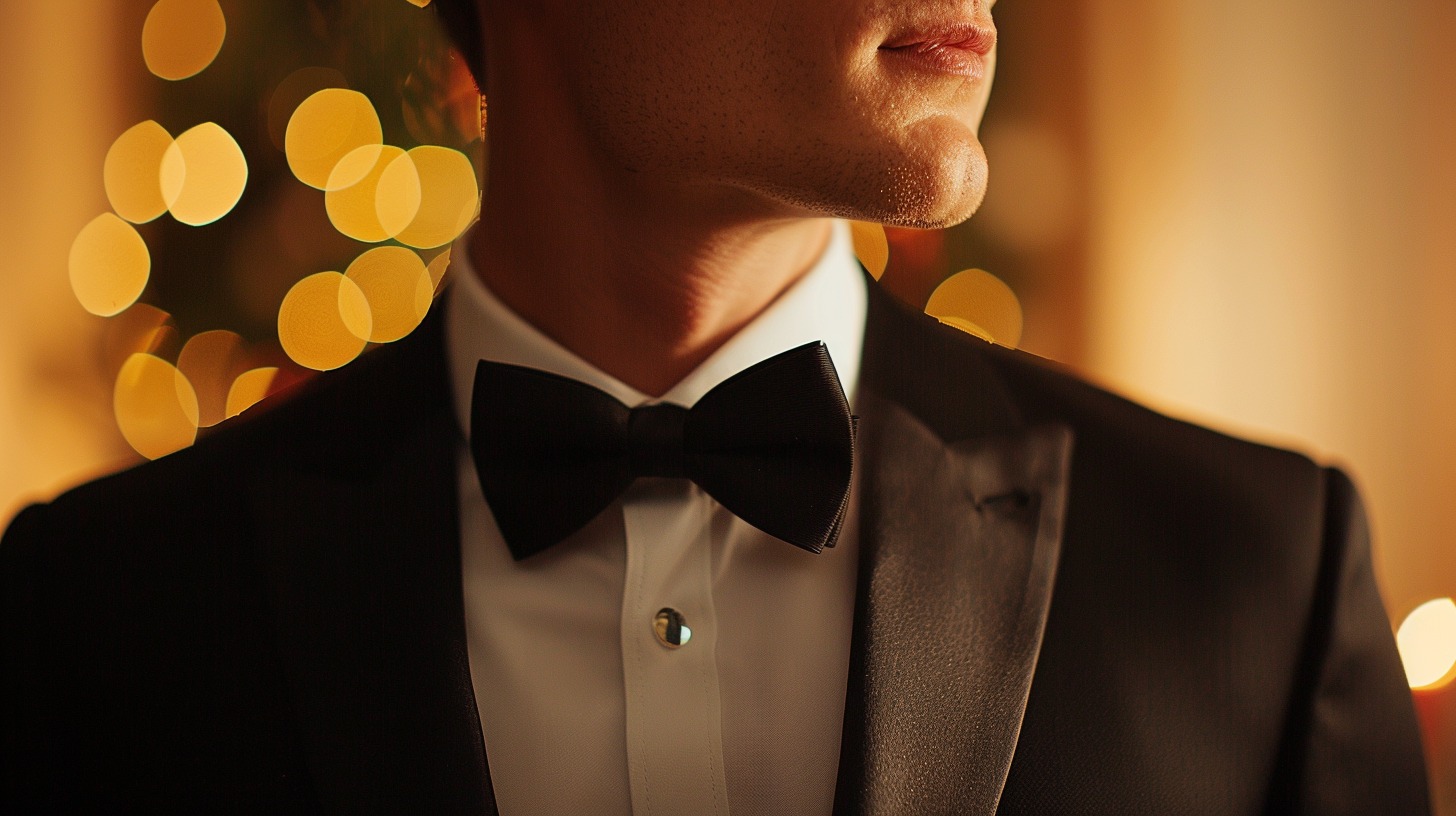 Man in a black tuxedo with a smooth, rounded shawl lapel, white dress shirt and black bow tie, vintage-inspired black-tie wedding setting, warm lighting