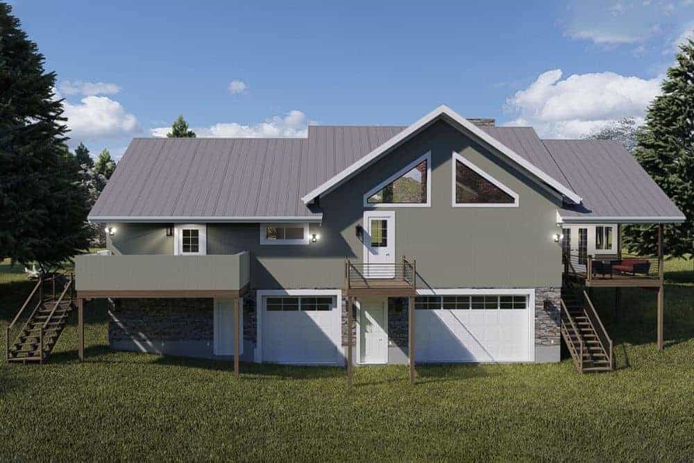 Rear rendering of the 3-bedroom single-story mountain ranch home.