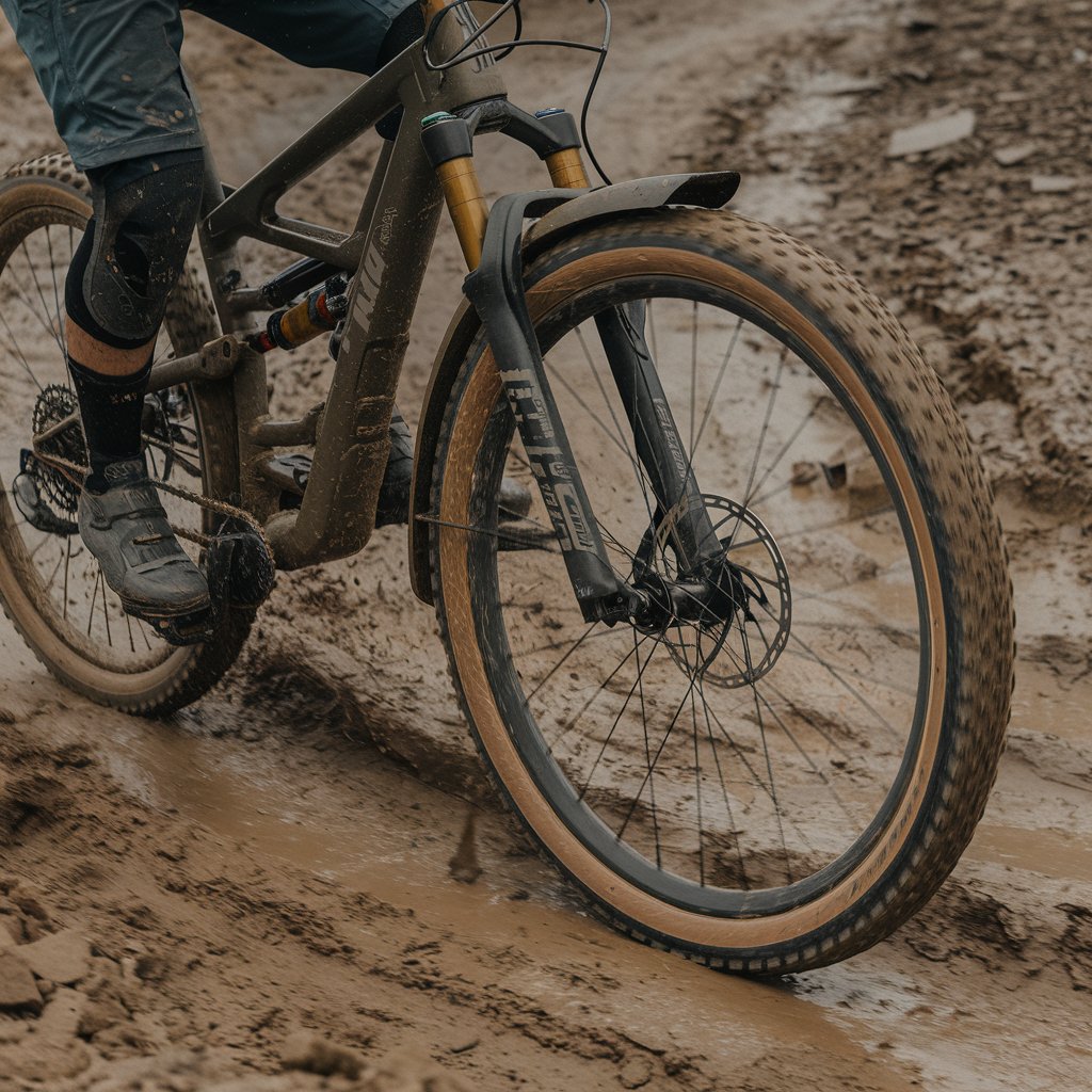 A rider on a mountain bike equipped with fenders