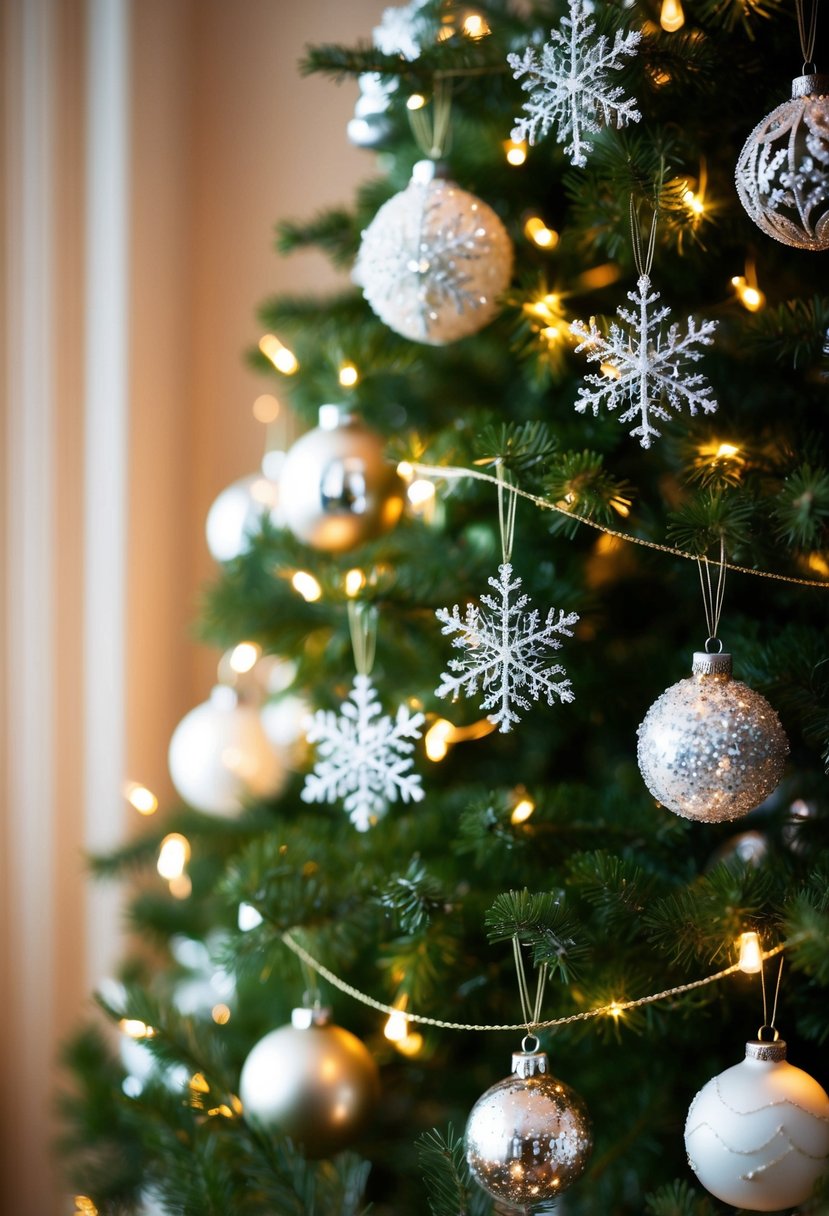 A festive Christmas tree adorned with sparkling snowflake ornaments