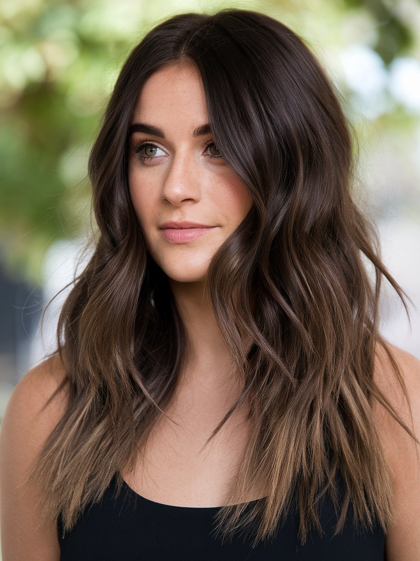 31. Reverse Balayage: Darker Ends on Brown Base