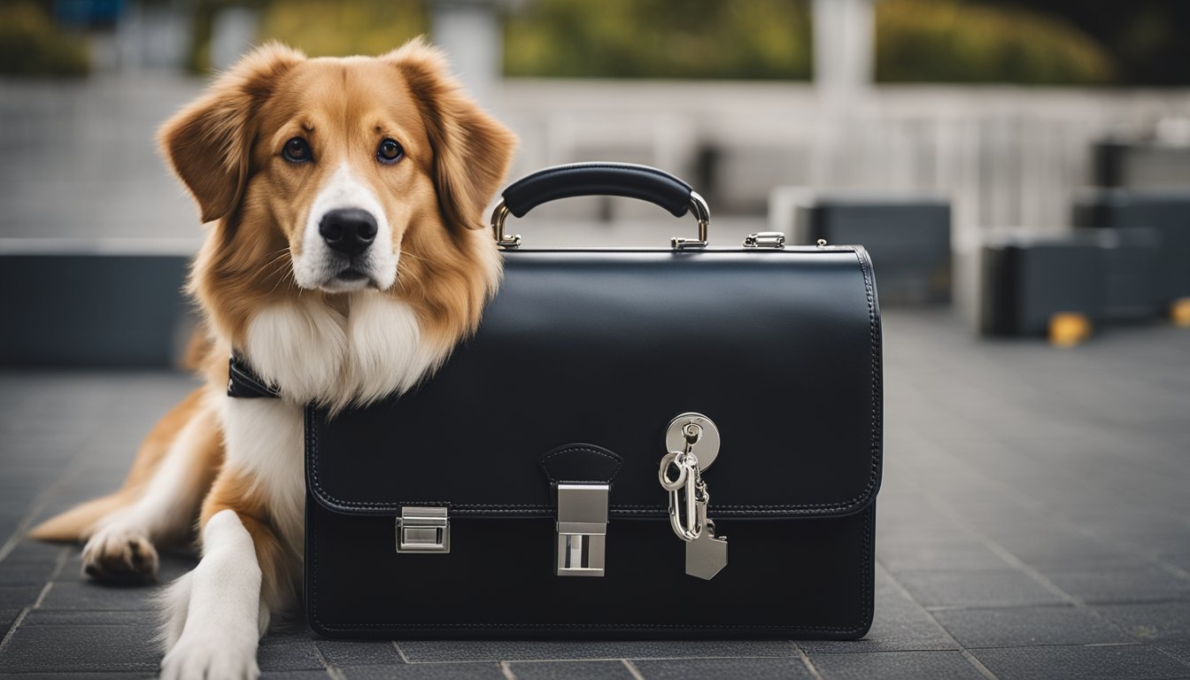 A secure briefcase locked with a heavy-duty padlock, surrounded by a vigilant guard dog and security cameras