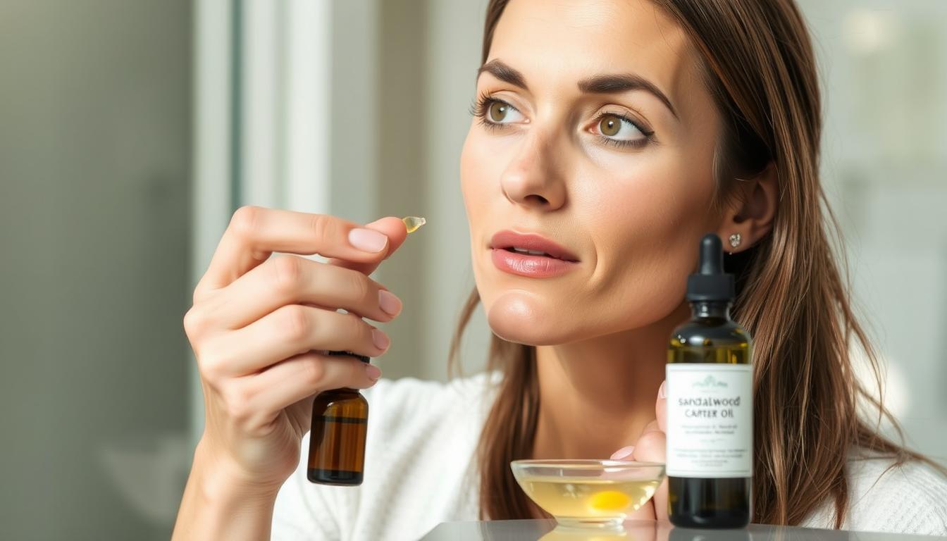 Woman applying diluted sandalwood oil safely to face, demonstrating sandalwood safe for face techniques