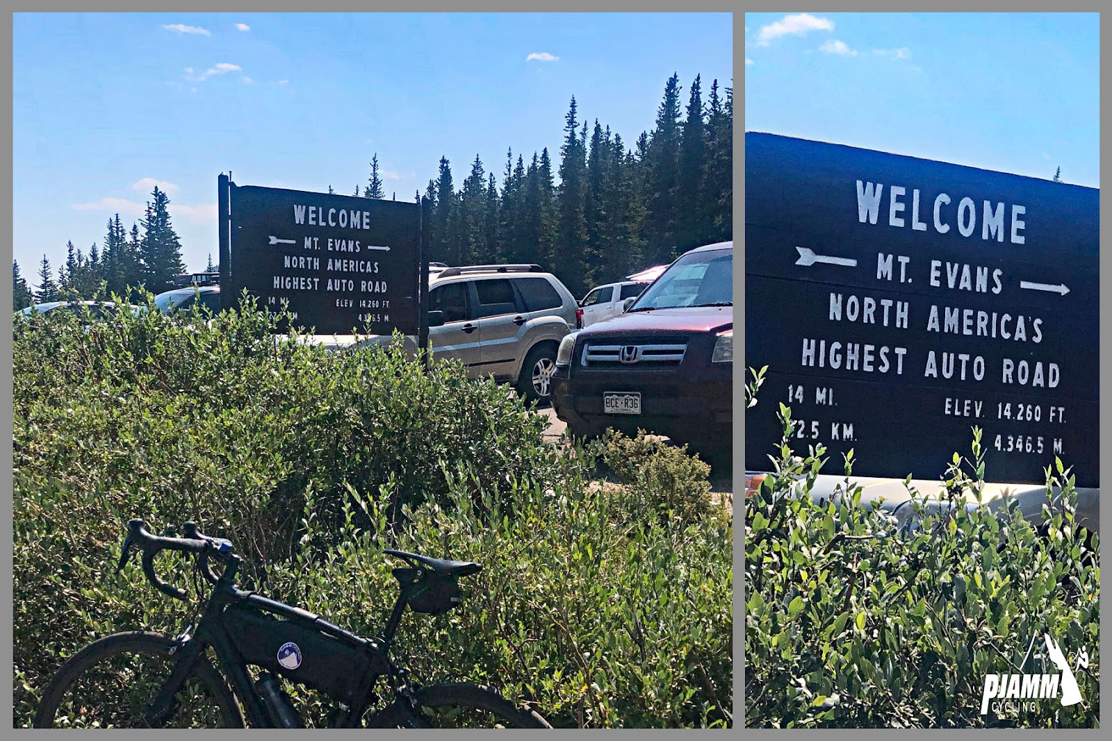 Cycling Mt. Evans, Colorado - photo collage, PJAMM Cycling logo in corner, bike parked next to bushes with welcome sign for Mt. Evans, North America's highest auto road