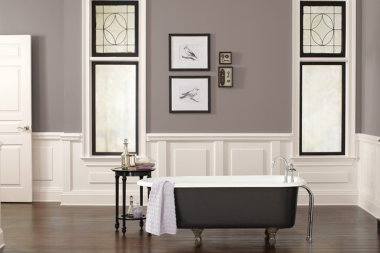 top paint color ideas for your bathroom remodel sherwin williams warm neutral shade with freestanding bathtub custom built michigan
