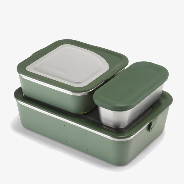 Klean Kanteen Rise Food Box Family Set featuring durable stainless steel containers with leakproof lids, ideal for eco-friendly food storage.