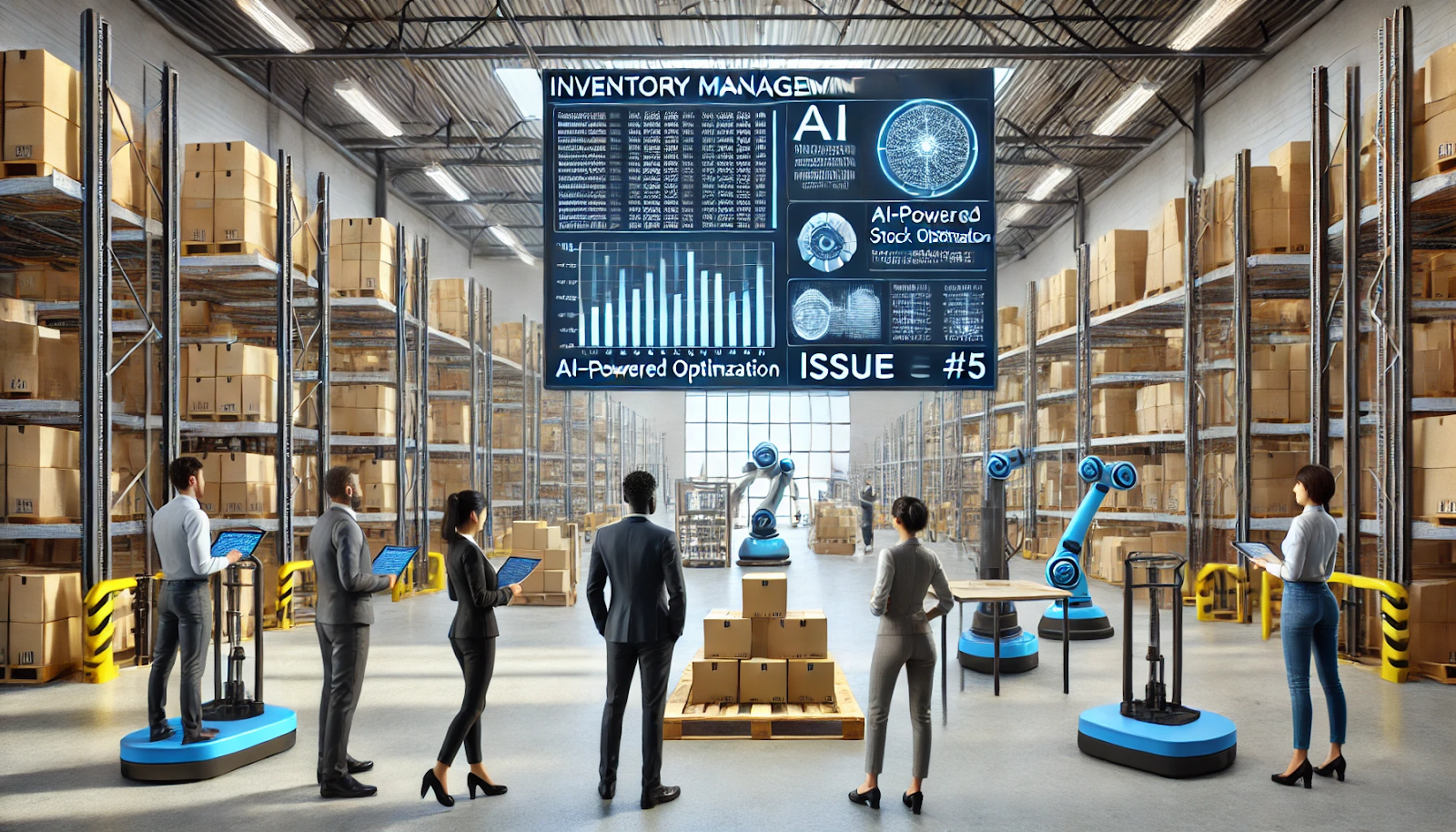 A warehouse setting with robots and AI systems managing stock levels. The image shows a modern warehouse with automated robots sorting and moving boxes, a digital screen displaying real-time inventory data and optimization suggestions. A diverse team of workers is overseeing the operations, collaborating with AI systems.