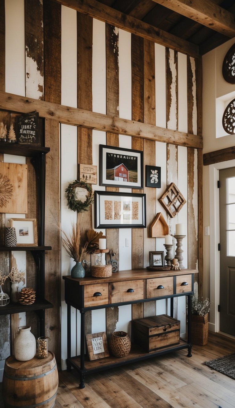 Distressed shiplap walls adorned with various art pieces and decor