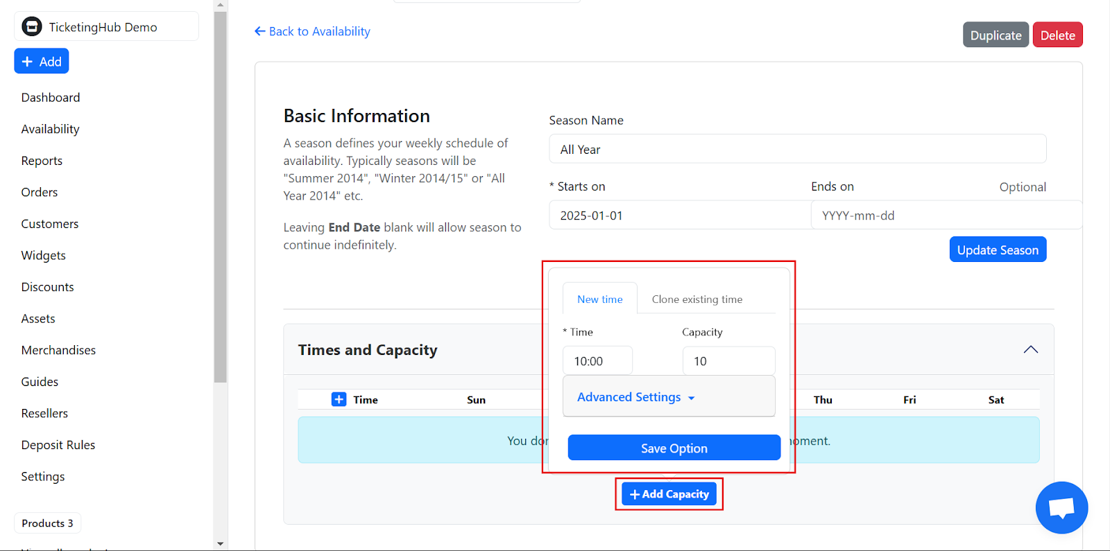 Add various time slots and capacities based on your business.