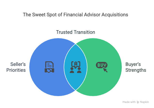 A Venn diagram titled “The Sweet Spot of Financial Advisor Acquisitions.” The left blue circle is labeled “Seller’s Priorities” with an icon of a document and profile. The right green circle is labeled “Buyer’s Strengths” with a cursor icon and the word "BUY." The overlapping center area is labeled “Trusted Transition” and shows an icon of two people shaking hands. The diagram illustrates that successful transitions happen at the intersection of buyer strengths and seller priorities.