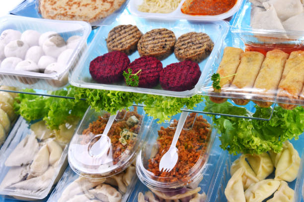Food items are packed in petroleum-based food containers. 