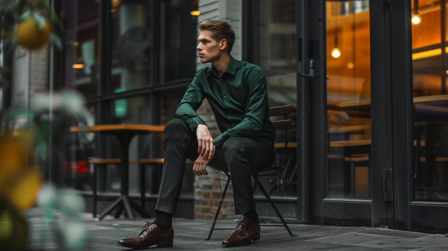 Stylish man wearing a dark forest green button-up shirt tucked into tailored black pants, set in a moody evening or indoor fall setting, polished leather shoes, mature and confident vibe, clean background, modern lighting, fashion editorial style