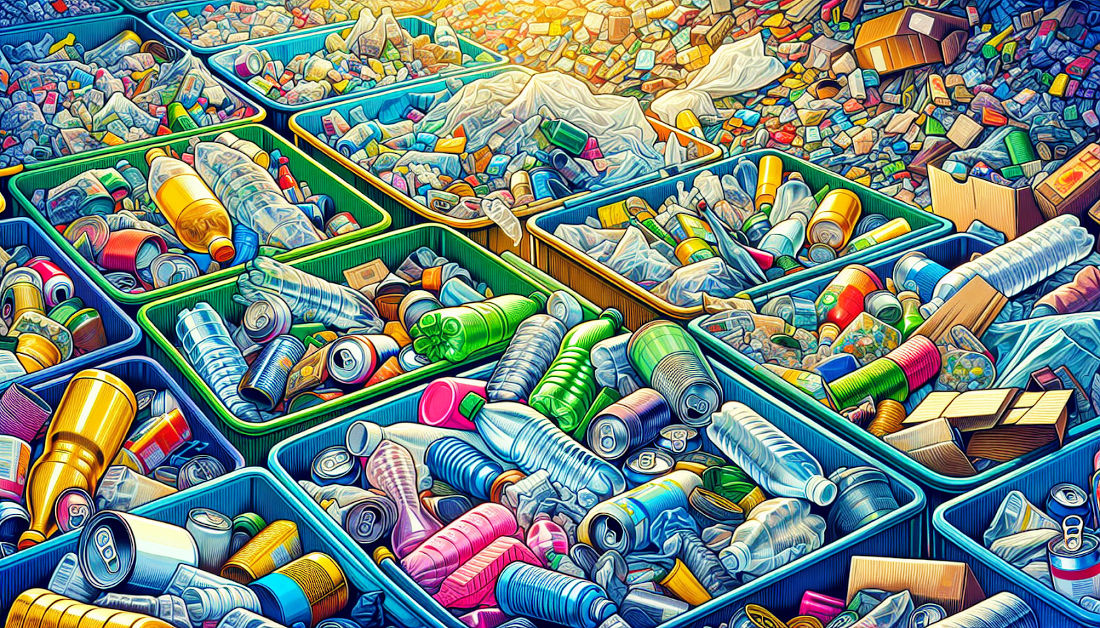 Illustration of various recyclable materials such as plastics, cans, and cardboard