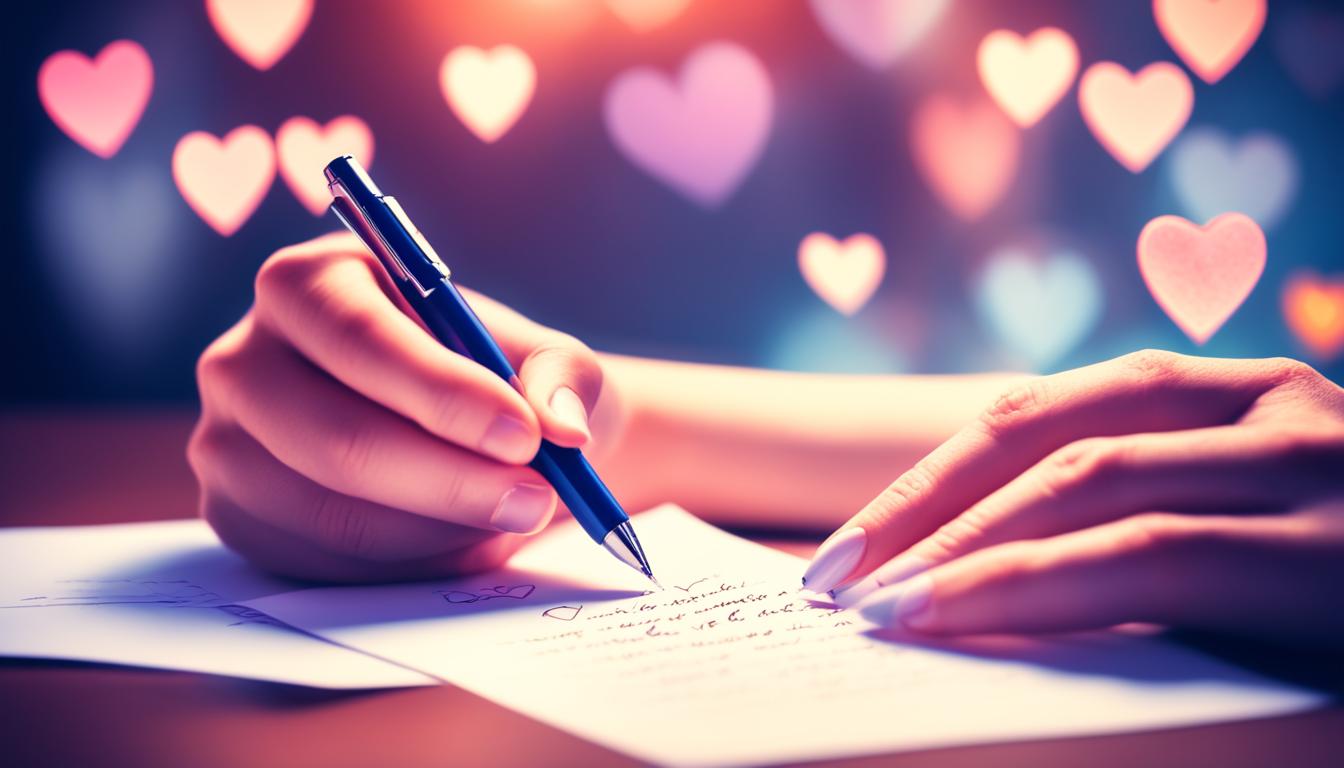 A hand holding a pen, writing heartfelt love letters on a piece of paper, while surrounded by glowing hearts and the image of the specific person being manifested. The scene has a warm and romantic atmosphere with a soft focus.