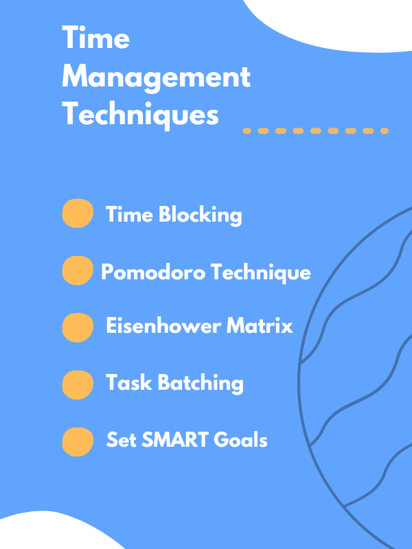 Infographic of time management techniques including time blocking, Pomodoro, Eisenhower Matrix.