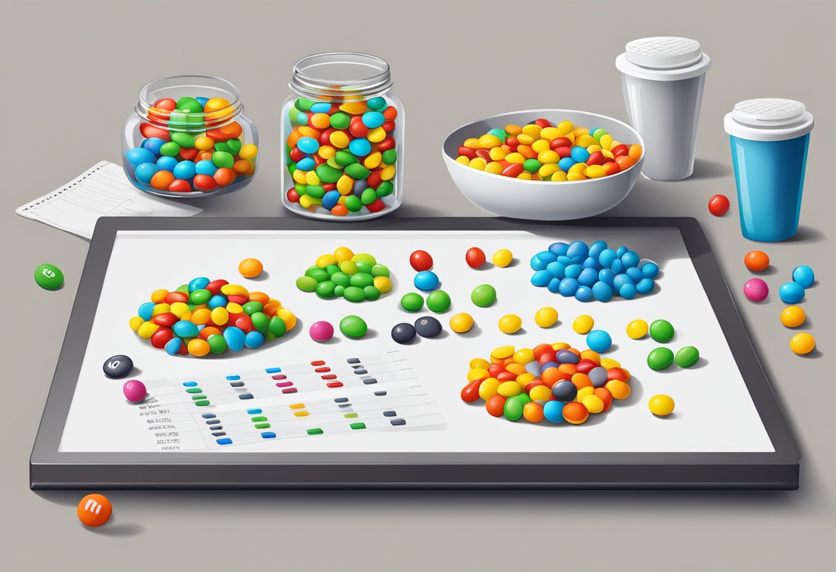 A table with various sizes and colors of M&M candies, alongside a price list and a calculator