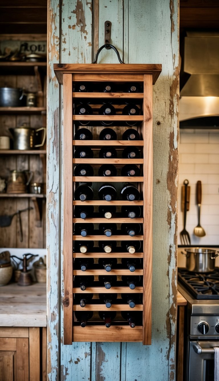 A wooden wine rack hangs on a weathered farmhouse kitchen wall, surrounded by vintage kitchen tools and rustic decor