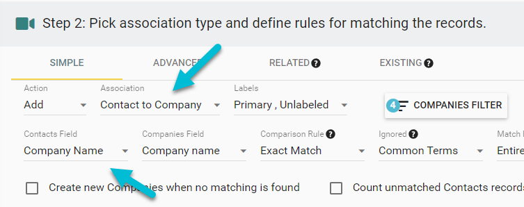 Associate contacts to companies with matching company names on the contact and company records.