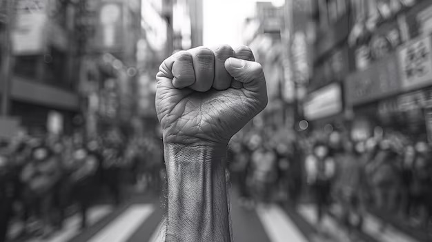 (person holding fist up indicating solidarity)