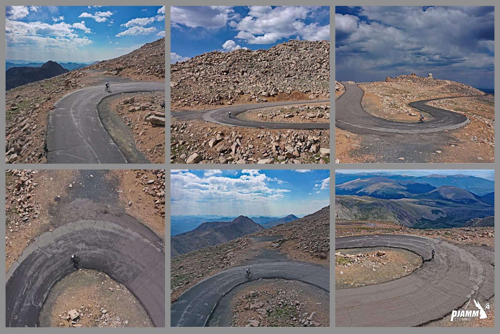 Cycling Mt. Evans, Colorado - photo collage, PJAMM Cycling logo in corner, more aerial views of hairpins, between Summit Lake and the climb's finish