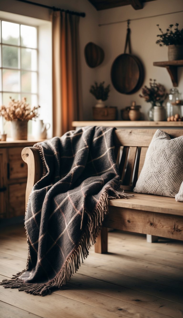 A cozy plaid wool throw blanket draped over a rustic wooden bench in a farmhouse living room with warm, inviting decor