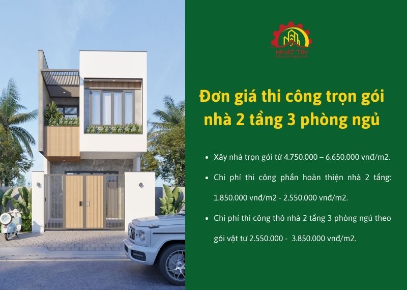 Đơn giá thi công trọn gói nhà 2 tầng 3 phòng ngủ Xây dựng Nhất Tín