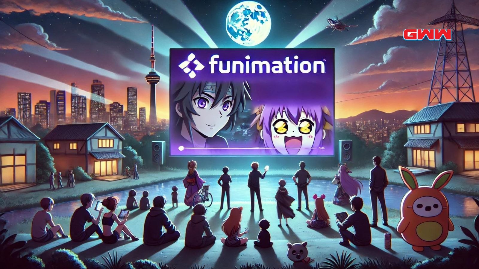 A nighttime scene featuring various anime characters from different shows watching anime on a large screen.