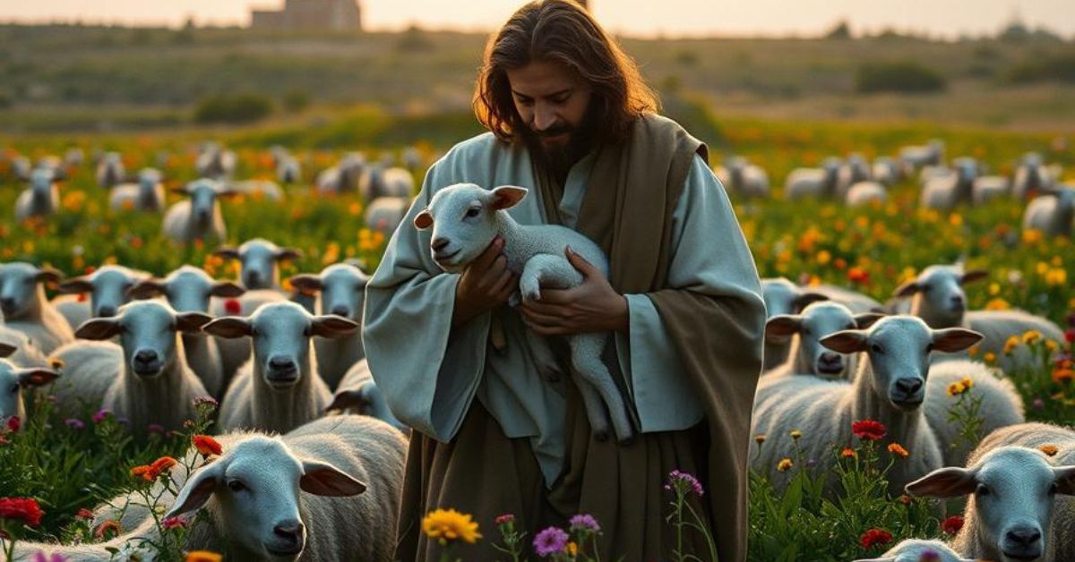 Jesus, the embodiment of gentleness, holds a lamb tenderly in a vibrant field of flowers, symbolizing peace and care.