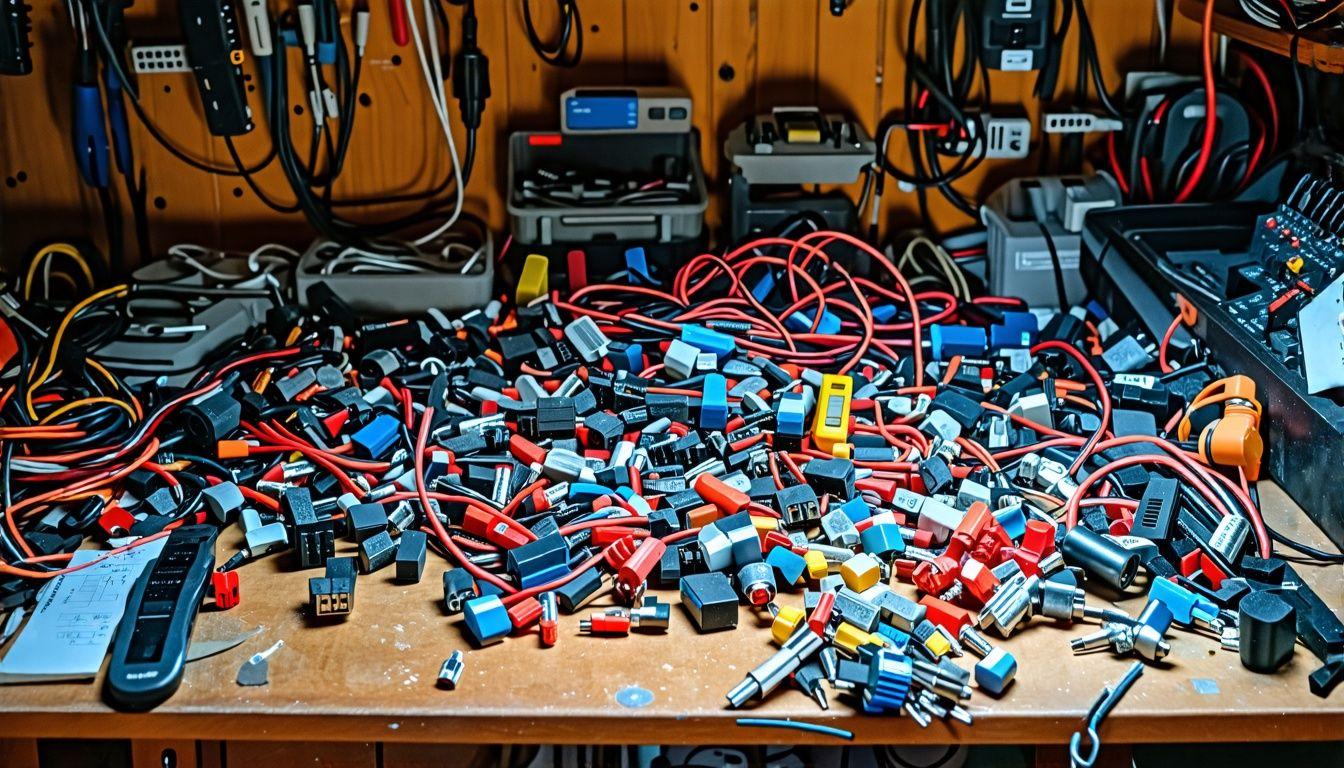 A cluttered workbench with electrical connectors, wires, and tools.