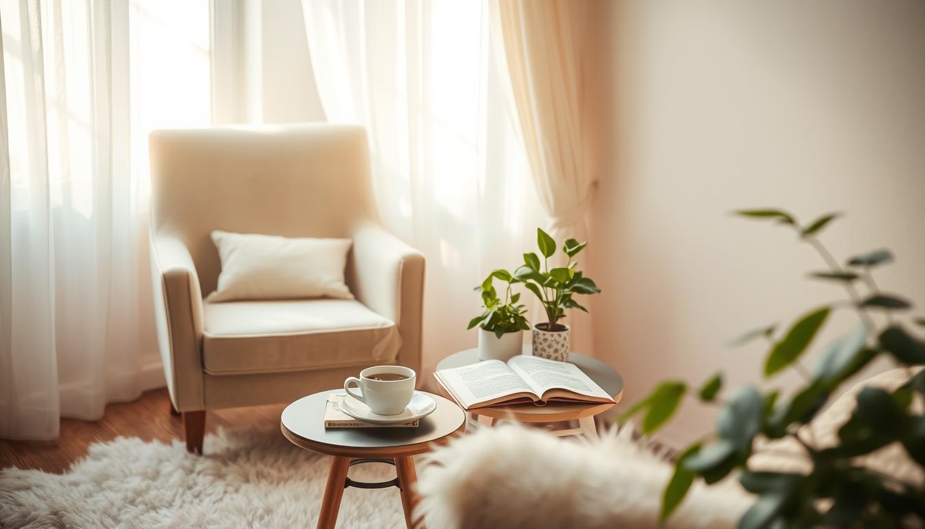 A serene scene of a cozy room with soft, warm lighting. A plush armchair sits beside a window, where sunlight filters through delicate curtains. A steaming cup of herbal tea rests on a small side table, surrounded by open books and a journal. Green plants in decorative pots add a touch of nature, while a fluffy rug invites relaxation. The atmosphere conveys tranquility and self-care, emphasizing personal happiness and contentment.