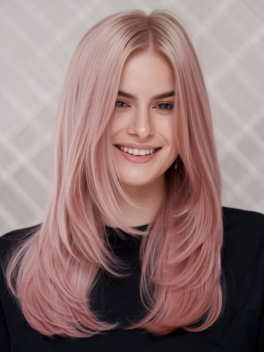 28. Straight Blush Pink Blonde Long Layers