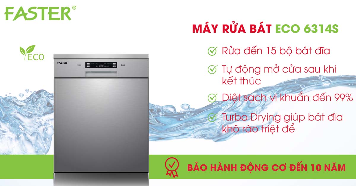 Máy rửa bát FASTER ECO 6314S công nghệ Turbo Drying