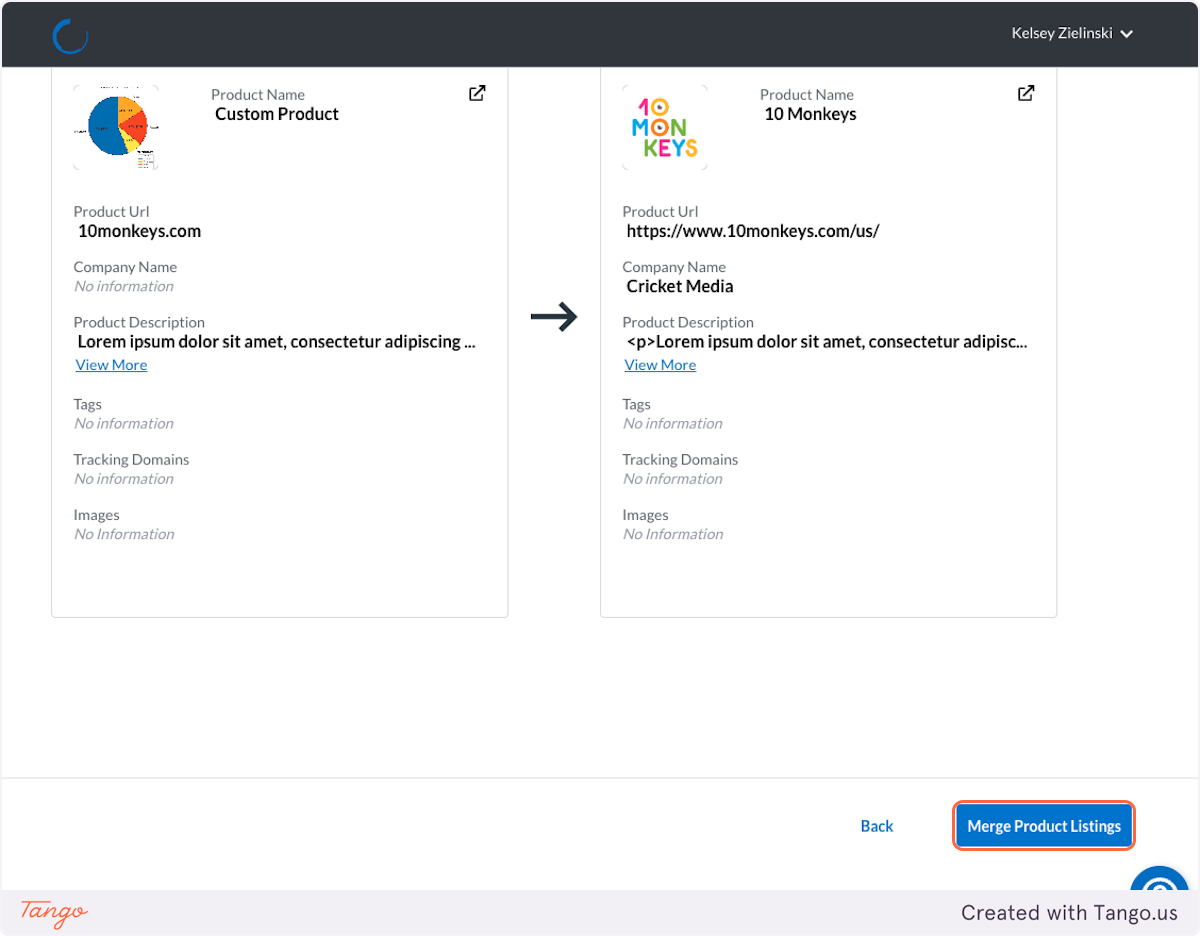 Review the system fields that will be updated as a result of the merge process, use the checkboxes to choose whether to keep your custom product name and/or logo and select 'Merge Product Listings'.