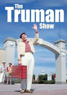 This contains an image of truman show, a man holding shopping bags and waving to someone in front of him