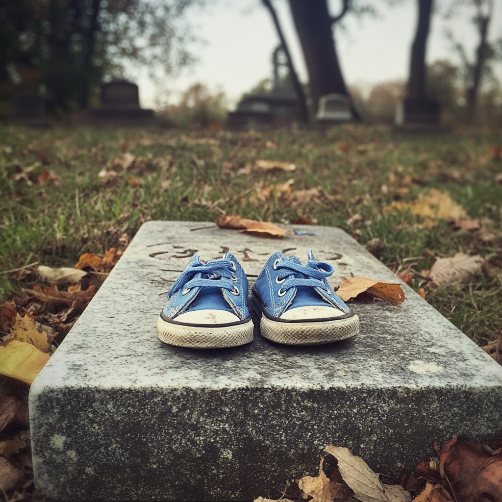 A pair of sneakers on a headstone | Source: Midjourney