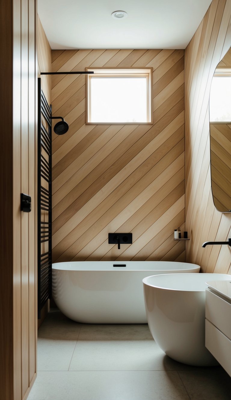 A modern bathroom with diagonal shiplap walls, a sleek bathtub, and minimalist fixtures